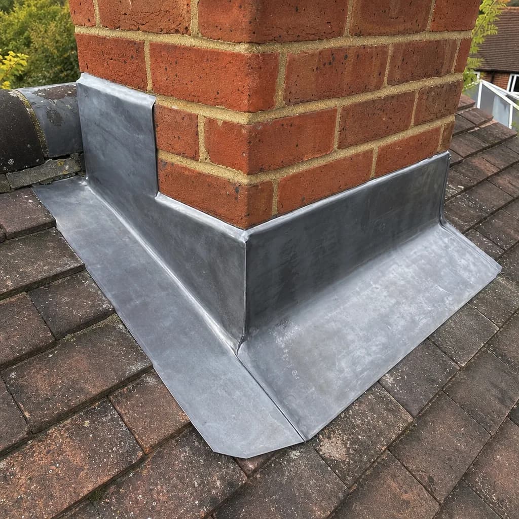 New lead flashing dressed around a brick chimney stack on a tiled roof