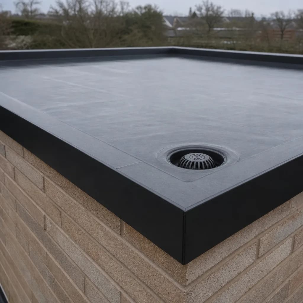 Black GRP fibreglass flat roof with a neat trim edge and a drainage outlet