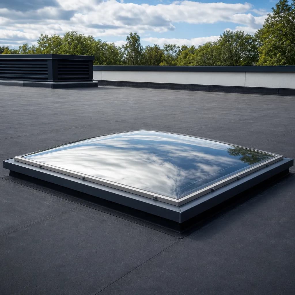 A flat-roof skylight dome set into a rubber flat roof reflecting the sky